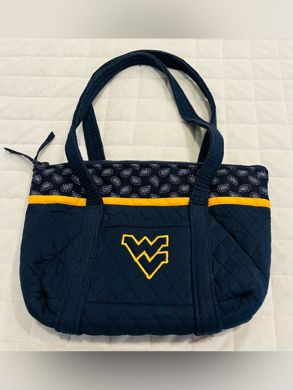 Quilted Navy and Gold Tote Bag with Embroidered WV Logo